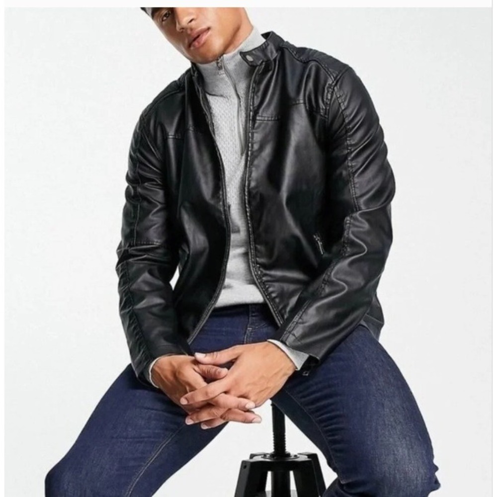 Barneys Originals Black Faux Leather Racer Jacket Quilted Shoulder Moto NWT XL